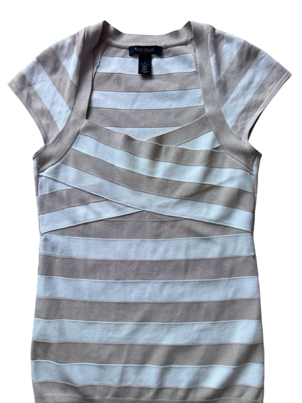 White House Black Market Striped Knit Cap Sleeve Top Beige White Size S